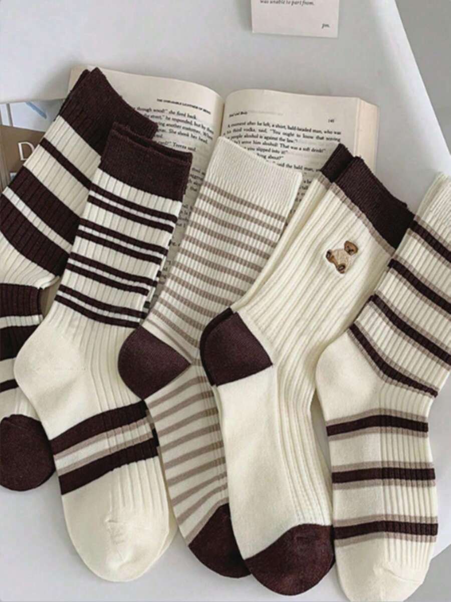 5 Pairs Brown Striped Mid-Calf Socks For Women, Autumn/Winter