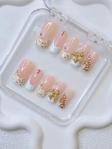 Bộ 10 móng giả hình ống Y2K - Làm thủ công, móng màu hồng, móng màu vàng, móng kiểu Pháp màu trắng, họa tiết da báo vàng vẽ tay, điểm nhấn hoa nhỏ màu trắng. - Nhiều màu - Xem 2