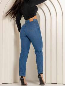 Calça Mom Jeans Feminina Sem Lycra Cintura Alta 100% Algodão Premium Cos Alto - LAVAGEM MEDIA - Visão 5