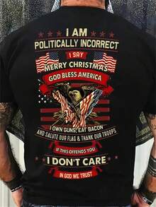 [Sporty T-Shirt]Men'S Patriotic Eagle-Pattern T-Shirt - Soft Round Neck, Comfortable Fit, Machine Washable, Suitable For Summer, 180 G, Available In Large Size For Christmas Wear, Suitable For Patriots And Military Enthusiasts, Plus SizeRelaxed Plus Size T-Shirt - Black - View 1