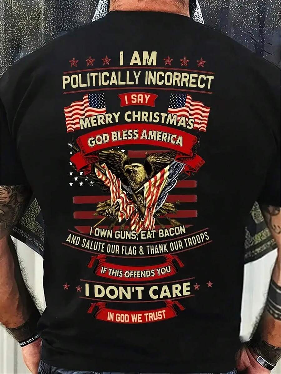 [Sporty T-Shirt]Men'S Patriotic Eagle-Pattern T-Shirt - Soft Round Neck, Comfortable Fit, Machine Washable, Suitable For Summer, 180 G, Available In Large Size For Christmas Wear, Suitable For Patriots And Military Enthusiasts, Plus SizeRelaxed Plus Size T-Shirt - Black - View 1
