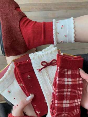5 Pairs New Year Red Floral Pattern Socks, Thickened Warm Crew Socks, Korean Style, Festive Socks, Random Assorted