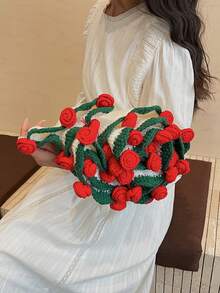 Crochet Flowers Bouquet Blanket, Handmade Rose Blanket, Round Floral Soft And Lightweight Romantic Gifts Shawl For Birthday, Wedding, Home Decor, Bed, Sofa-Finished Product - Multicolor - View 4