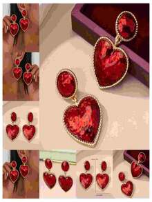 1 Pair Women's Fashion Dangle Earrings, Sweet & Heart Pendant Earrings, Classic Red Heart Decor, Suitable For Valentine's Day, Dates, Gifts And Daily Wear - Golden Yellow + Red - View 5
