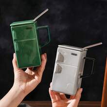 Retro Ceramic Mug With Lid And Straw – The Perfect Idea For Couples! A Unique Coffee Mug For Discerning Coffee Lovers – Stylish And Practical For The Office Or Home. - màu xanh lá - Xem 3