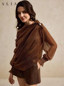 Aliao Exquisite Off-The-Shoulder See Through Long-Sleeve Top, Back To School, Going Out Tops Women, Old Money Style, Court Style, Wedding Season, Valentine's Day Outfit - Coffee Brown - View 5