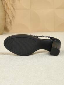 SVRM 女士时尚百搭厚底镂空粗跟T字带铆钉复古办公室通勤日常休闲约会派对优雅高跟凉鞋 - 黑色 - 查看 6