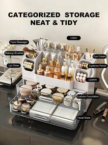 Makeup Organizer, Countertop Organizer With 2 Large Drawers, Cosmetic Display Case With Brush Holders, Perfume Organizer, Skin Care Storage For Lotion, Lipsitck, Beauty Essential, Desk Office Supplies, White Bathroom Counter Organizer, Jewelry Organizer, Nail Polish Organizer, Pantry Organizers, Drawer Organizers, Snack Containers, Bathroom Organizer, Bath Toy Storage, Bathroom Decor, Bathroom Stuff Shower Curtain, Skincare Cream Perfume Lipstick Dresser Counter, Valentines Gift - 白色 - 查看 6