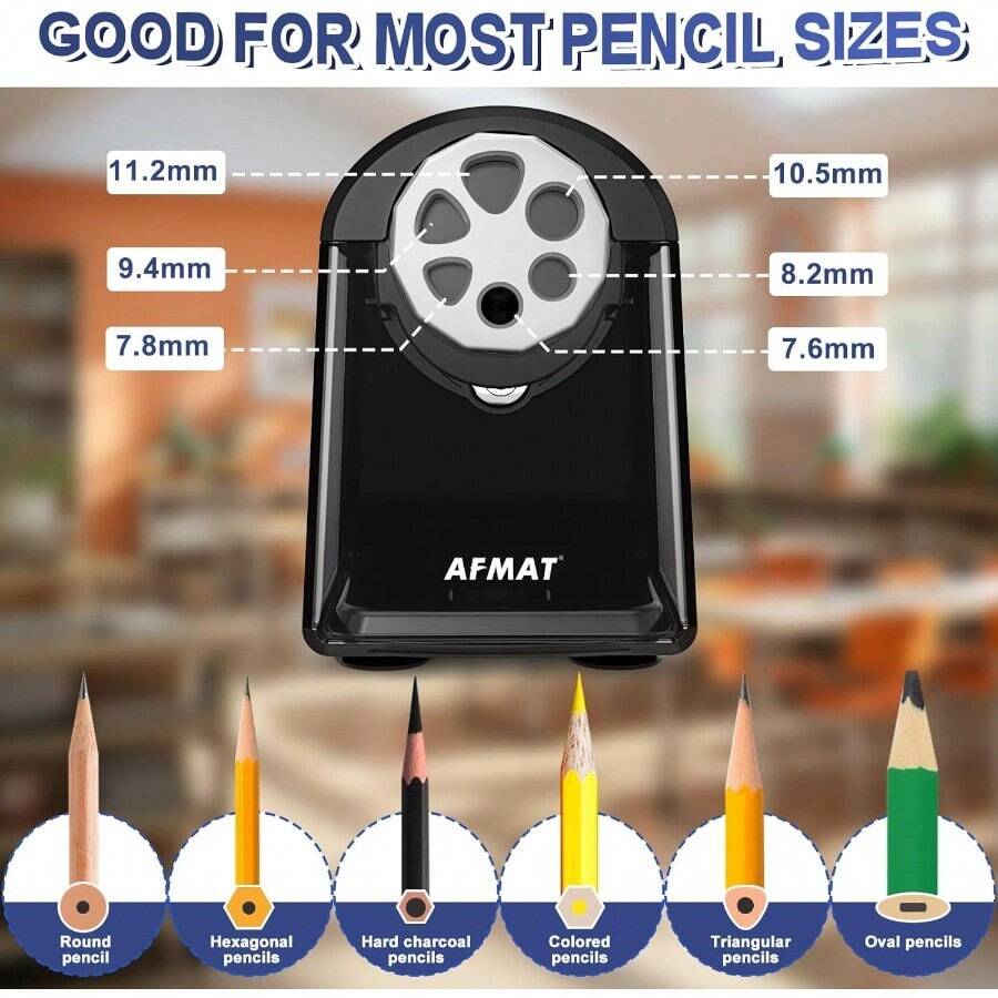 AFMAT - Sacapuntas eléctrico de alta resistencia para aula y hogar 6 agujeros sacapuntas enchufables para lápices de 6 a 11 mm parada automática súper rápido ahorra - Negro - - Ver 1