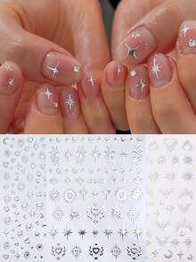 3片闪亮星星美甲贴纸 波西米亚风金属银色星爆星星月亮爱心Y2K美甲贴花 春季美甲用品 DIY婚礼美甲饰品装饰 - 銀色 - 查看 3