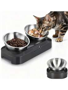 Elevated Cat Bowl With Stainless Steel Bowls, Easy To Clean, With Anti-Slip Silicone Mat, 0° And 15° Tilt, Protect Neck, Suitable For Pet, Cat And Puppy Food And Water Feeding