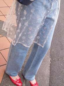 1PC Sequin-Embellished Mesh-Trim Asymmetrical Lace Skirt Versatile Layering Piece