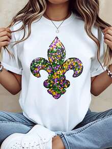 Iris Print T-Shirt, Carnival Party Outfit, Women's Casual Top, Fun Holiday Celebration Attire, 220 Grams - 白色 - 查看 1