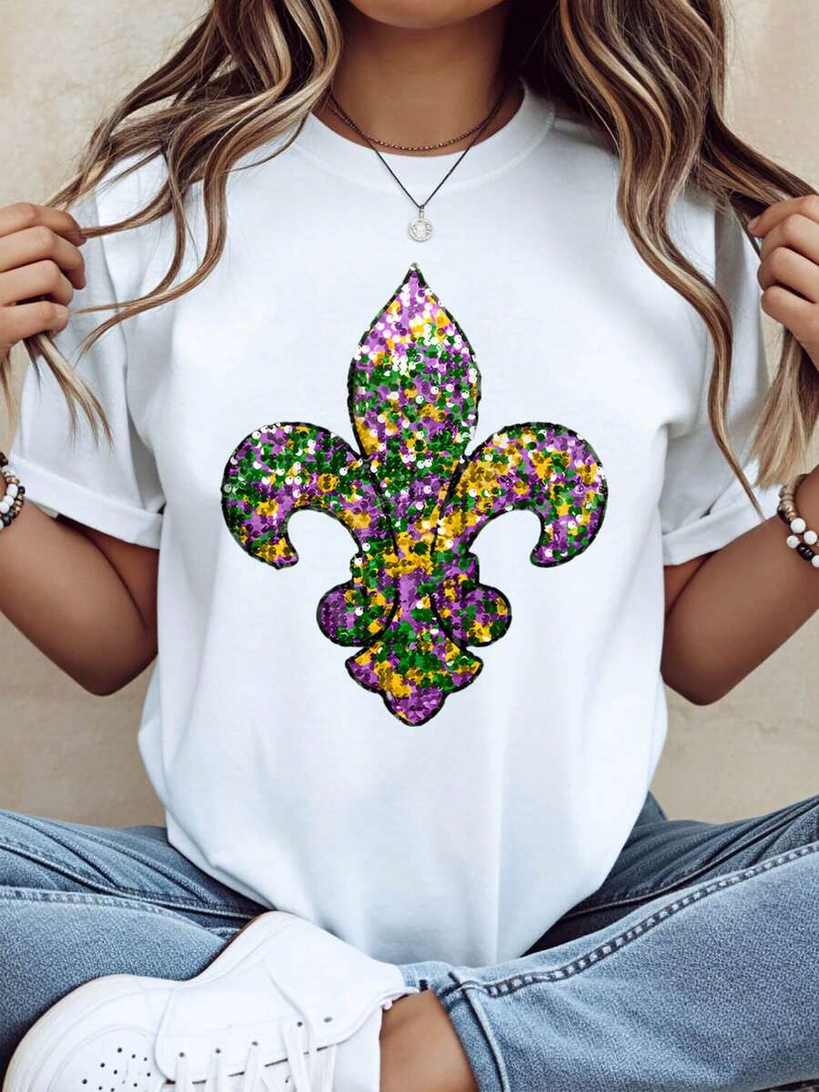 Iris Print T-Shirt, Carnival Party Outfit, Women's Casual Top, Fun Holiday Celebration Attire, 220 Grams - 白色 - 查看 1