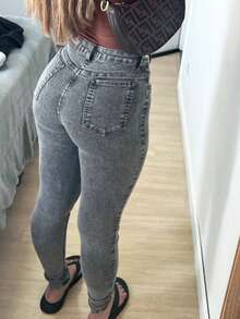 Women's Skinny Jeans, Light-Weared, High-Waisted, With Spandex, Lifts The Butt - Xám - Xem 3