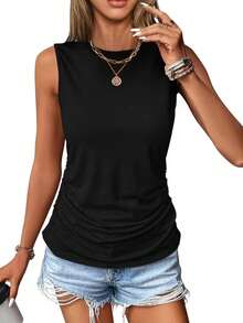 Bộ 3 áo tank top nữ không tay cổ tròn dáng rộng, màu trơn (đen/trắng/xám), có thể giặt máy, phù hợp mọi mùa, mặc hàng ngày, thiết kế xếp ly, thoải mái cho mùa hè. - Đen, trắng và xám - Xem 4