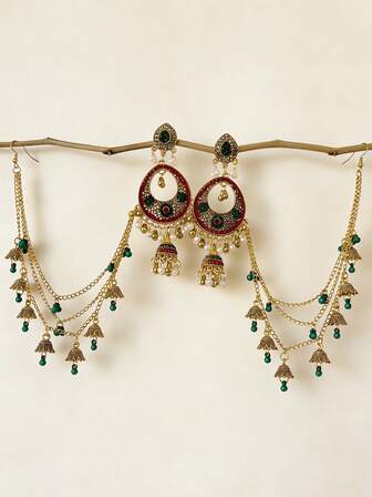 Bollywood Style Earrings,Alloy Chain Tassel Hair Chain Decoration Jewelry Earrings Suitable For Women's Daily Wear,Wedding,Party,Festival Accessories
