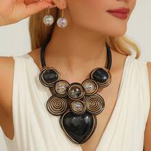 夸张的多层树脂吊坠，手工铝线编织串珠项链和耳环套装，时尚复古波西米亚风格，适合派对、婚礼、节日等场合。 - 黑色 - 查看 7