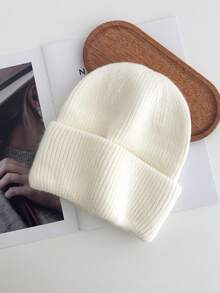 1pc Knit Cuffed Beanie Hats For Women Winter Knitted Caps Soft Slouchy Warm Snug Snow Ski Running Unisex Adult Knit Hat - White - View 2