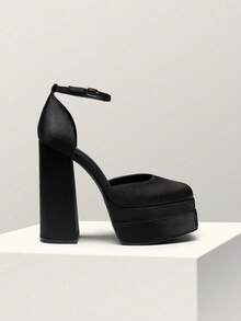 Women's Square Toe Block Heel Chunky Platform Wedding Shoes, Adjustable Ankle Strap Pumps For Prom - Graphite Black - View 6