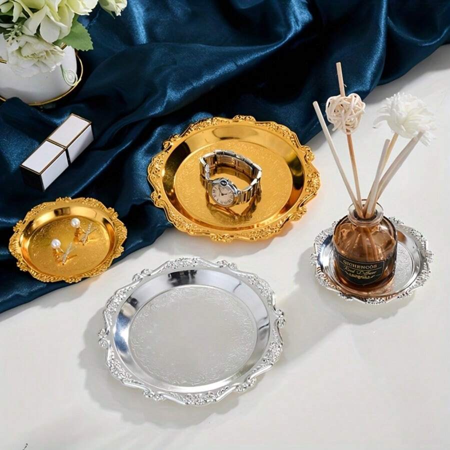 Elegant 4-Inch Metal Tray, Available In Two Colors, Vintage-Style Round Tray, Perfect For Breakfast, Fruit, Snacks, And Nuts - Ideal For Home, Restaurant, Parties, Picnics, And Weddings. Also Suitable For Jewelry Display And Storage.