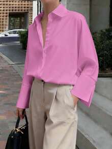 Women's French Solid Shirt, Retro Charm, Long Sleeve Business Interview Commute Casual Relaxed Minimalist Elegant Shirt, Suitable For Daily Wear, Home Wear, Street Style, An Ideal Choice For Women's Winter Wear. Valentine's Day, New Year - Coral Pink - View 4