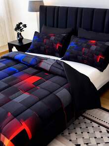 3PCS Fashion Tech-Feel Super Soft And Breathable Thicken Plaid Bedding Set (1 Comforter + 2 Pillowcases, Without Pillow Inserts), Quilted For Comfort And Warmth With Digital Print, Suitable For  In Bedrooms, Dormitories, And Hotels - 彩色 - 查看 4