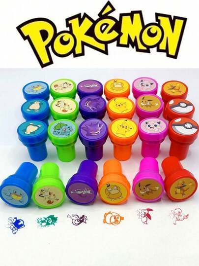 12/24pcs Pokemon Pikachu Cartoon Stamp Set, Anime Pattern, Birthday Party Gift