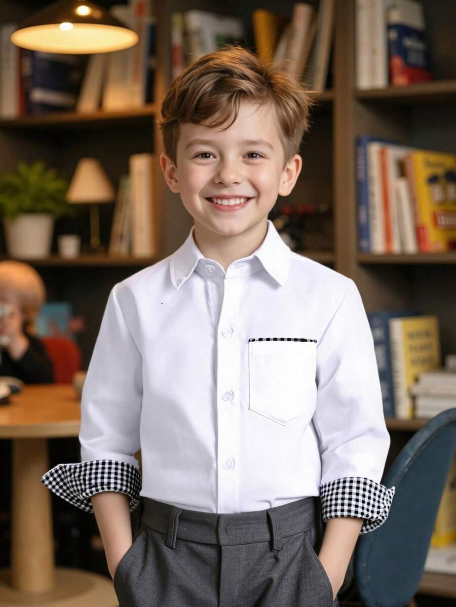 年轻男孩经典预科学校风格派对和戒指持有人格子口袋补丁正式白色长袖正装衬衫