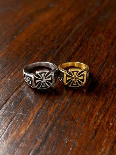 1枚复古哥特式十字架不锈钢戒指，展现朋克复古风格的装饰性和实用性男士戒指