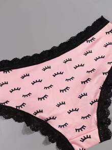 Dircho 5pcs Women's Cute Pattern Contrast Lace Bikini Panties - Allover Pumpkin/Heart/Bat/Eye Pattern Silky Soft Comfy Intimates Underwear, Stretch Breathable Elastic Waist Daily Lingerie Set