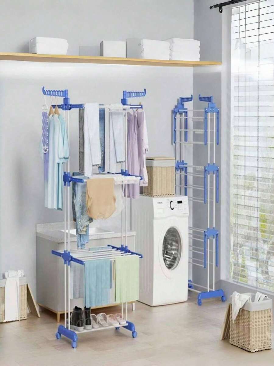 1pc 3-Tier Adjustable Rolling Clothes Drying Rack, Heavy Duty With Foldable Bar, Large Rotatable Laundry Rack For Indoor/Outdoor Use, Great For Back To School, Christmas, New Year Gift - Multicolor - View 1