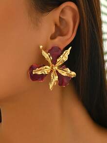 OOQ 1 Pair Vintage Asymmetrical Dripping Oil Flower Stud Earrings, Exaggerated Personalized Fashion High-End Asymmetrical Double-Layer 3D Flower Earrings Suitable For Women's Daily, Vacation, Party Wear - Burgundy - View 2