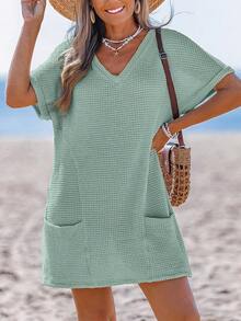 Women Crochet Beach Coverup Waffle Knit Loose Casual Wear V Neck Short Sleeve Dress Swimsuit For Women With Pockets - 薄荷綠 - 查看 4
