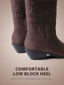 Brown Faux Leather Women's Embroidered Cowgirl Boots For Outdoor Music Festival Black White Brown Mid-Calf Pull-On Block Heel - 棕色 - 查看 6