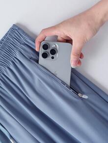 Women's Elastic Waist Shorts With Zipper Pockets, Suitable For Running, Basketball, Fitness And Other Sports Activities Summer - Dusty Blue - View 4