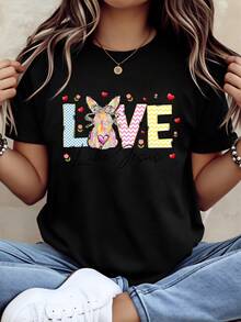 Camiseta con estampado de conejo y texto LOVE Like Jesus para Pascua estilo casual para mujeres 220g - Negro - Ver 1