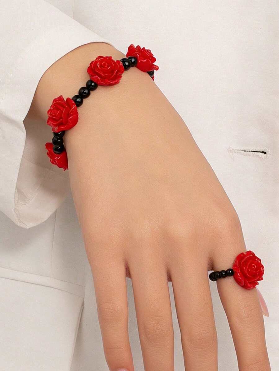 2pcs Red Rose Beaded Bracelet & Ring Set, Suitable For Daily Wear And Gift - Multicolor - View 1