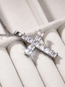 1pc Elegant Cubic Zirconia Cross Pendant Necklace, Gift For Women, Wedding Jewelry - Silver+White - View 5