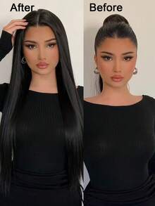 黑色长直发合成U型蕾丝假发，女士款，预先拔毛，自然发际线 - 彩色 - 查看 4