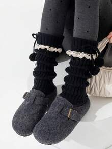 1/6双装 女士彩色绒球装饰蕾丝边可爱百搭保暖加厚过膝腿套，学院风，适合春、秋、冬季穿着 - 彩色 - 查看 4