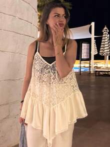 Solstice Apparel Beige Lace Patchwork Camisole, V-Neck Asymmetrical Hem Blouse, French Retro Style, Suitable For Daily Commute, Outing And Vacation, Multifunctional Shirt For Spring And Summer - Apricot - View 4