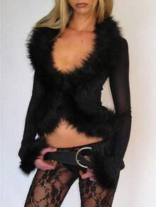 Women Mesh Faux Fur Trim Top Sheer Fuzzy Long Sleeve V Neck Open Front Crop Shirt Y2k Fairy Rave Party Clubwear - màu đen - Xem 1
