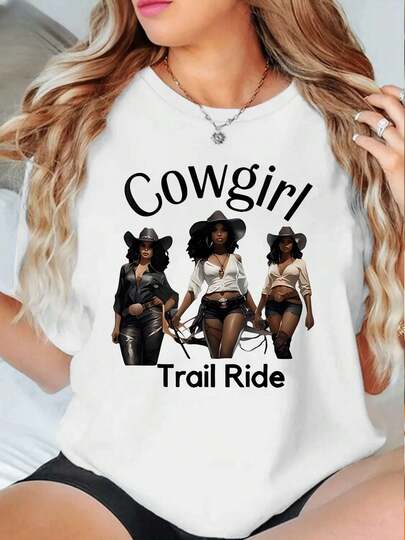 Cowgirl Trail Ride Graphic T-Shirt Made Of Premium Cotton, Comfortable Fit, Breathable, Casual, Eye-Catching Print