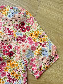 Camisa casual holgada con cuello alto, volantes y estampado floral pequeño para mujer, ideal para vacaciones y uso diario - Multicolor - Ver 5
