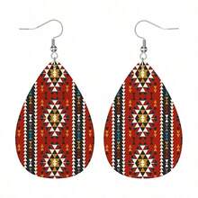 1 Pair Of Bohemian Red Geometric Faux Leather Dangle Earrings With Stainless Steel Posts, Lightweight Fashion Earrings For Women, Suitable For Daily Wear And Gifts - Multicolor - Ver 5