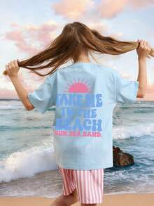 1pc Girls Printed Pullover Light Blue Short Sleeve T-Shirt, Comfortable & Fashionable Student/Young Summer Top, Girls Favorite - Blue - View 3