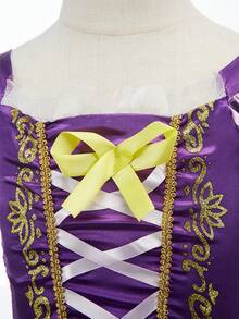 2 Stücke/Set Mädchen lila Blumenmuster Tüllkleid & Perücke Kostüm, Kinderkostüm zum Rollenspiel für Weihnachten, Karneval, Bühnenaufführung, Party - Violett - Übersicht 5