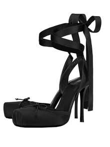 Women's Satin Ballet Stiletto High Heel Pumps Square Toe Elegant Bow Mary Jane Shoes Lace Up Lolita Cosplay Shoes Mary Jane Cute Goth Elegant Wedding Party Shoes For Women - màu đen - Xem 4