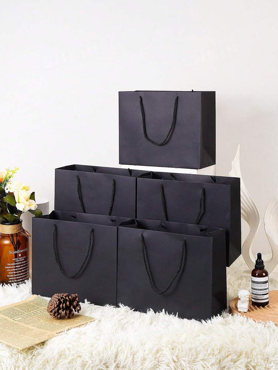 10pcs Plain Color Gift Bags, Portable Paper Material, Suitable For Party, Wedding, Gift Packaging, Birthday, Christmas, Gathering, DIY Gift Making, Decoration, Candle Box Packaging, Halloween Decoration, Valentine's Day And Other Occasions - Black - View 1